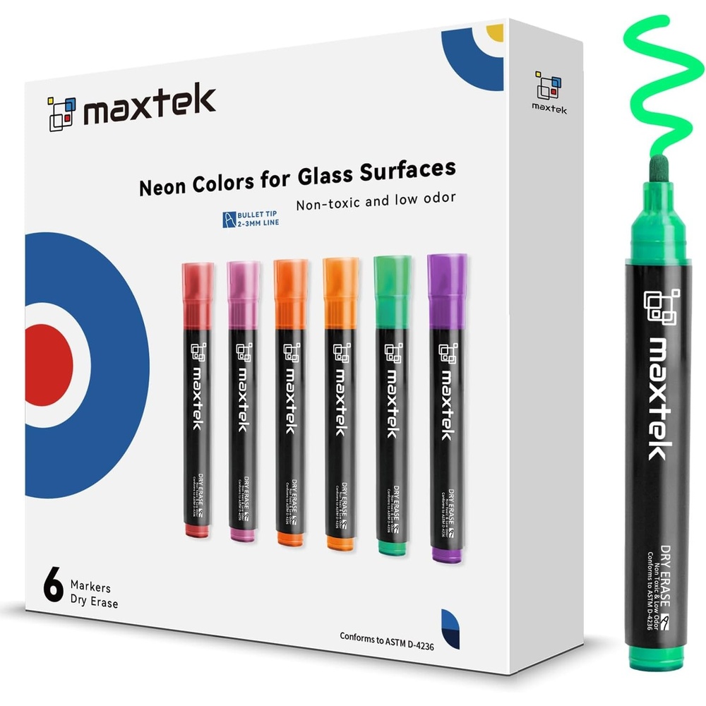 image:imagemaxtek Dry Erase Markers Bullet Tip Glass Whiteboard Markers Neon Colors 6 Count White Board Dry Erase Pens6 Neon Colors Bullet Tip