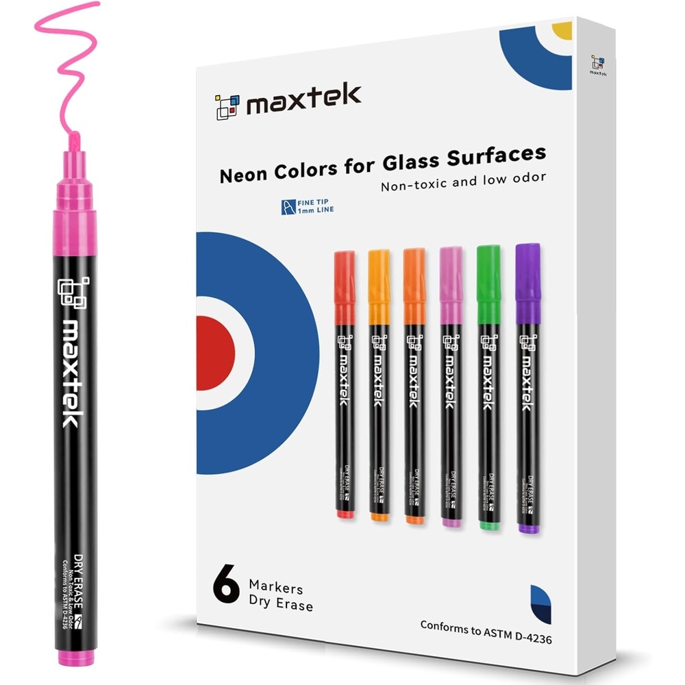 image:imagemaxtek Dry Erase Markers Bullet Tip Glass Whiteboard Markers Neon Colors 6 Count White Board Dry Erase Pens6 Neon Colors Fine Tip