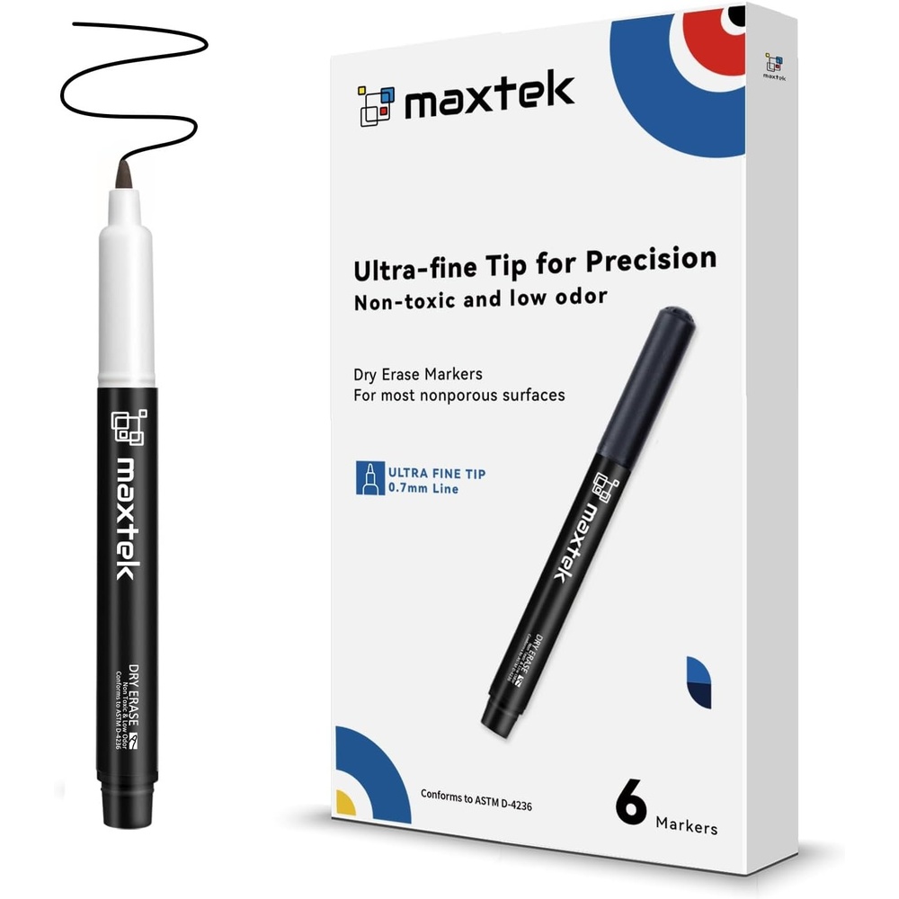 image:imagemaxtek Dry Erase Markers Ultra Fine Tip 07mm Low Oror Extra Fine Point Dry Erase Markers for Planning Whiteboard Calendar Boards 6 Count6 Count Black