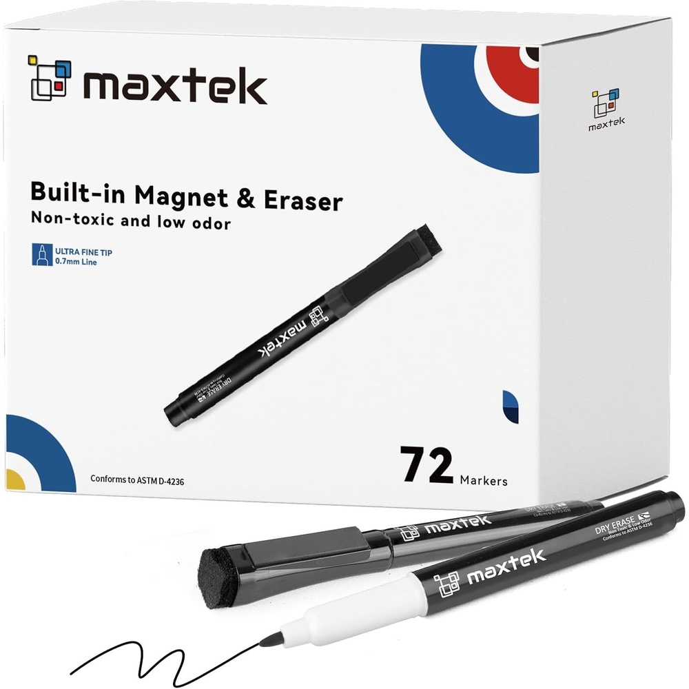 image:imagemaxtek Dry Erase Markers Ultra Fine Tip Magnetic Black with Eraser 07mm Extra Fine Point Thin Dry Erase Markers for Planning Whiteboard Calendar Boards 6 Count Low Odor72 Count Black