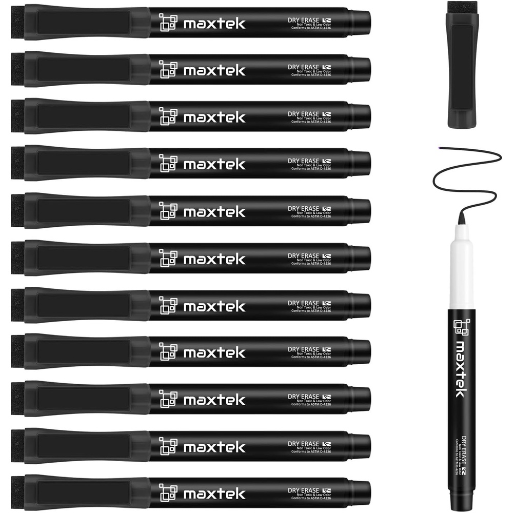 image:imagemaxtek Dry Erase Markers Ultra Fine Tip Magnetic Black with Eraser 07mm Extra Fine Point Thin Dry Erase Markers for Planning Whiteboard Calendar Boards 6 Count Low Odor12 Count Black