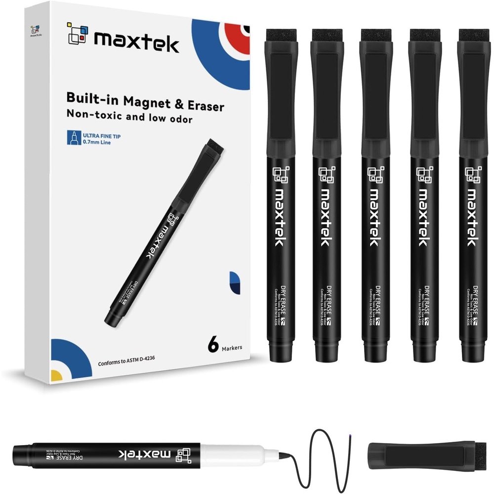 image:imagemaxtek Dry Erase Markers Ultra Fine Tip Magnetic Black with Eraser 07mm Extra Fine Point Thin Dry Erase Markers for Planning Whiteboard Calendar Boards 6 Count Low Odor6 Count Black