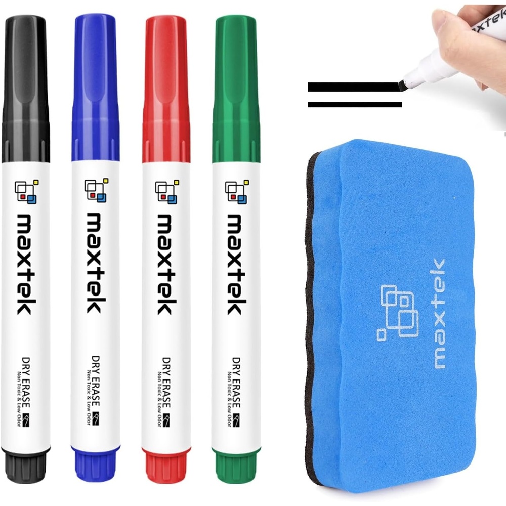image:imagemaxtek Low Odor Dry Erase Markers Chisel Tip Whiteboard Markers Set 4 Count with 1 Magnetic EraserChisel Tip 5 Count