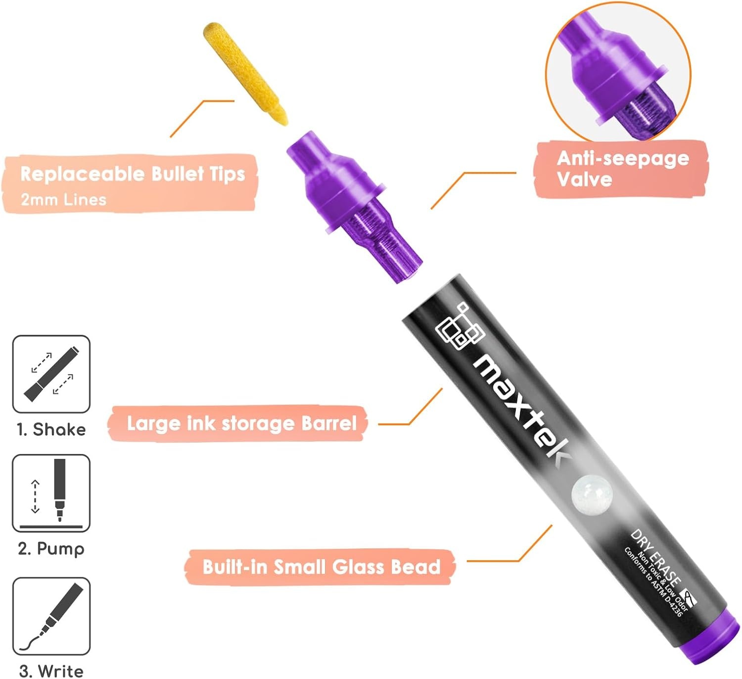 image:imagemaxtek Dry Erase Markers Bullet Tip Glass Whiteboard Markers Neon Colors 6 Count White Board Dry Erase Pens6 Neon Colors Bullet Tip