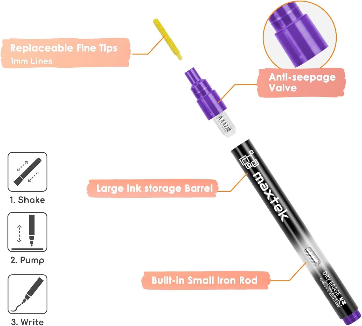 image:imagemaxtek Dry Erase Markers Bullet Tip Glass Whiteboard Markers Neon Colors 6 Count White Board Dry Erase Pens6 Neon Colors Fine Tip