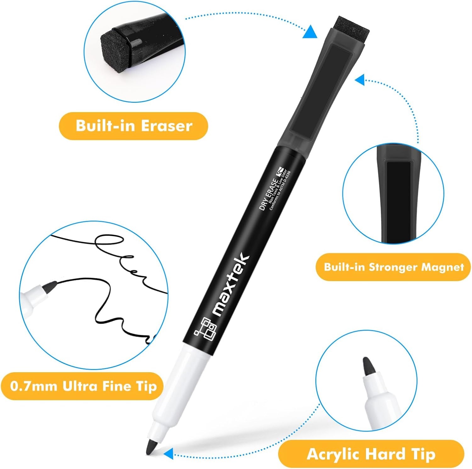 image:imagemaxtek Dry Erase Markers Ultra Fine Tip Magnetic Black with Eraser 07mm Extra Fine Point Thin Dry Erase Markers for Planning Whiteboard Calendar Boards 6 Count Low Odor72 Count Black