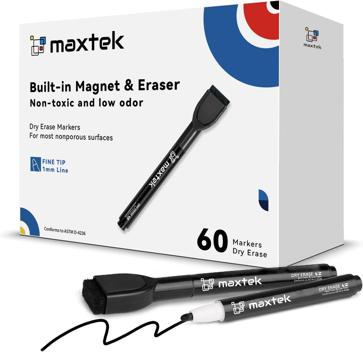 image:imagemaxtek Magnetic Black Dry Erase Markers 12 Count Fine Tip Whiteboard Markers with Eraser Thin Markers Low Odor for Classroom Office HomeBlack
