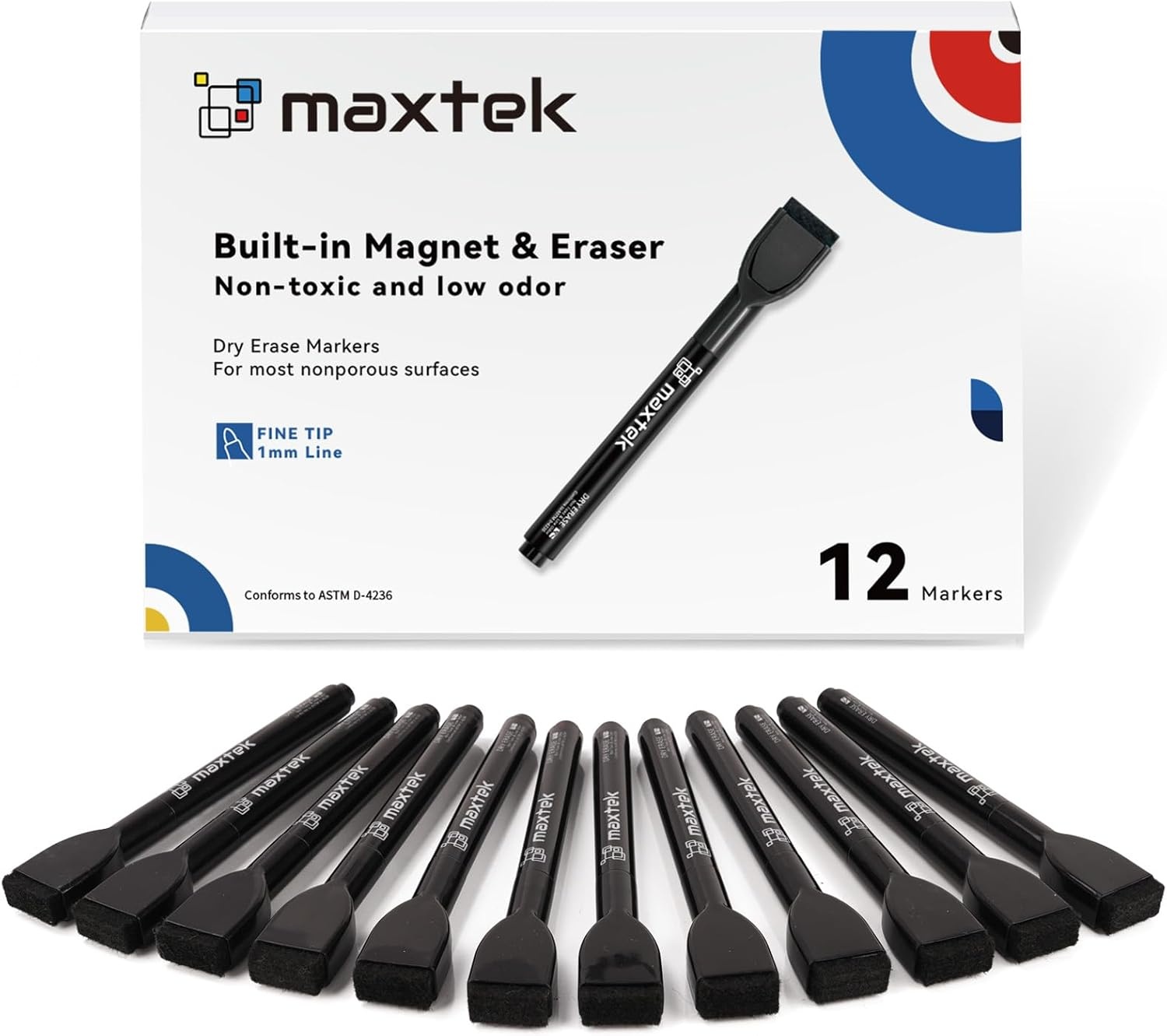 image:imagemaxtek Magnetic Black Dry Erase Markers 12 Count Fine Tip Whiteboard Markers with Eraser Thin Markers Low Odor for Classroom Office HomeBlack
