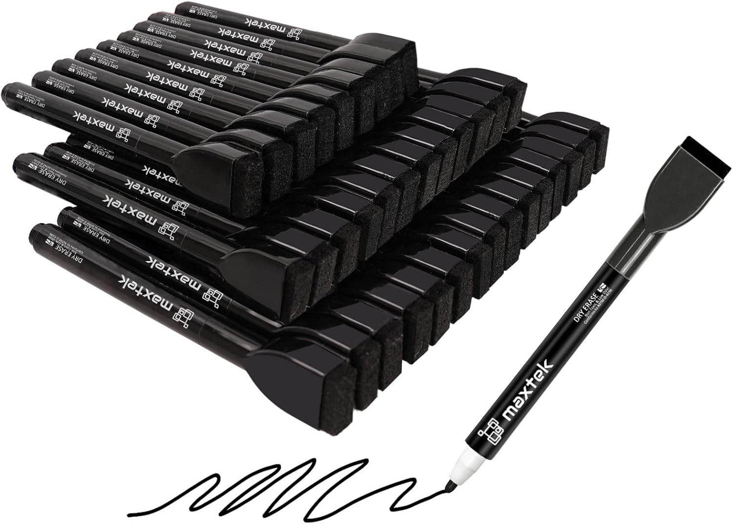image:imagemaxtek Magnetic Black Dry Erase Markers 12 Count Fine Tip Whiteboard Markers with Eraser Thin Markers Low Odor for Classroom Office HomeBlack