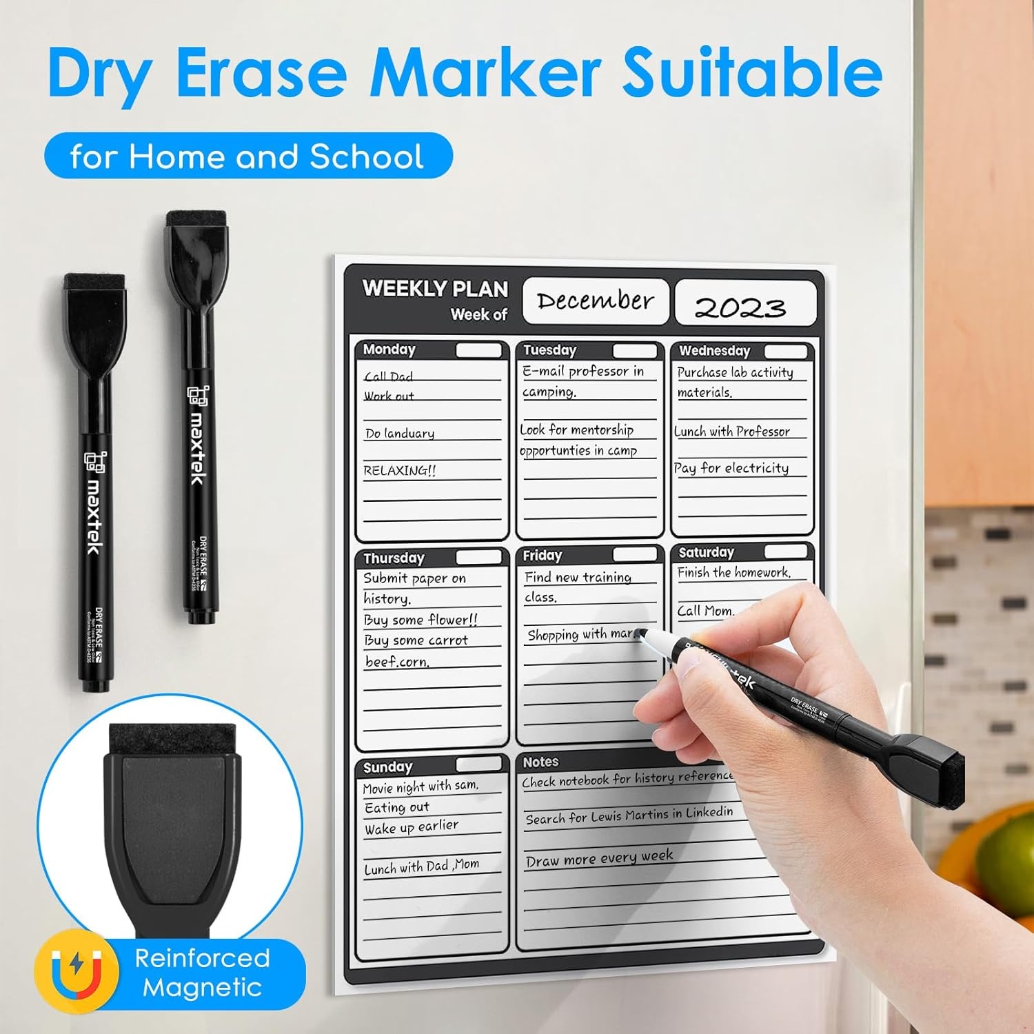 image:imagemaxtek Magnetic Black Dry Erase Markers 12 Count Fine Tip Whiteboard Markers with Eraser Thin Markers Low Odor for Classroom Office HomeBlack
