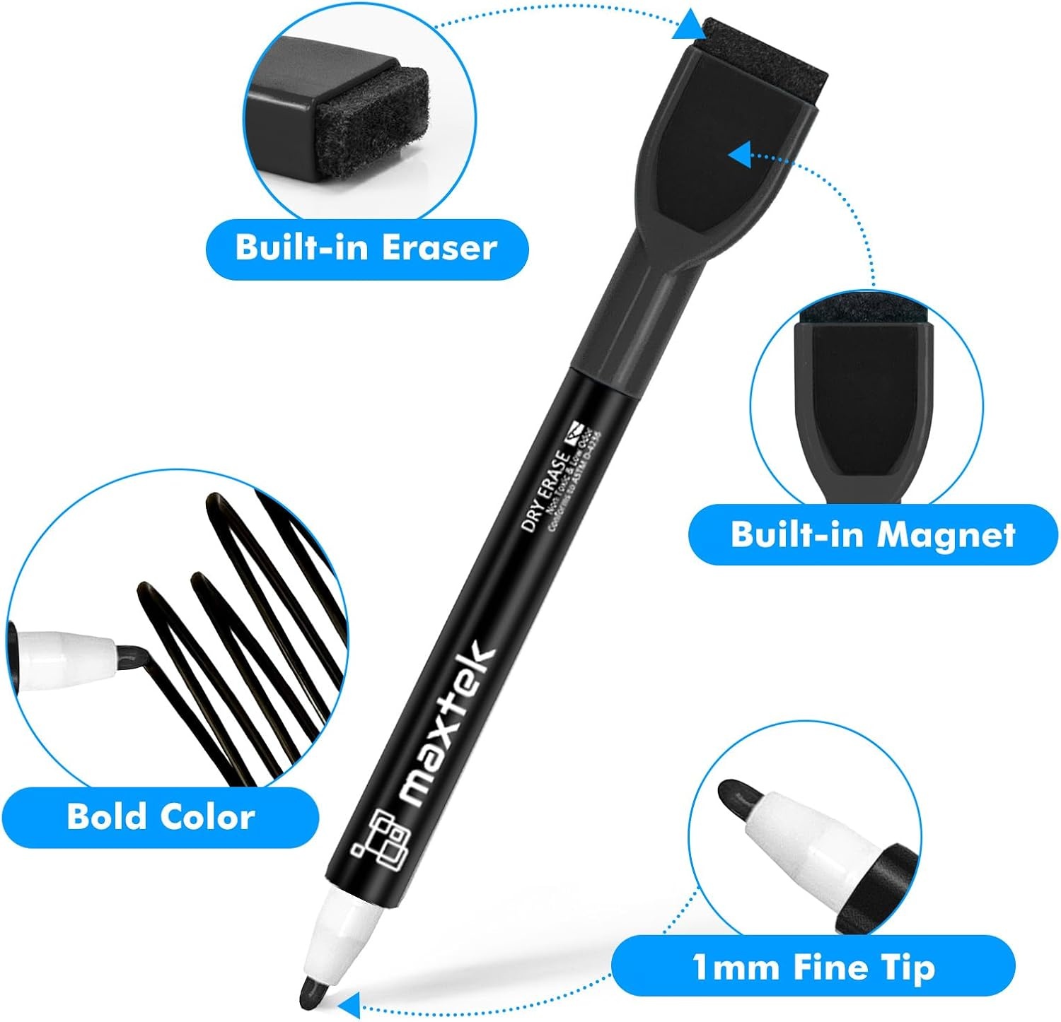 image:imagemaxtek Magnetic Black Dry Erase Markers 12 Count Fine Tip Whiteboard Markers with Eraser Thin Markers Low Odor for Classroom Office HomeBlack
