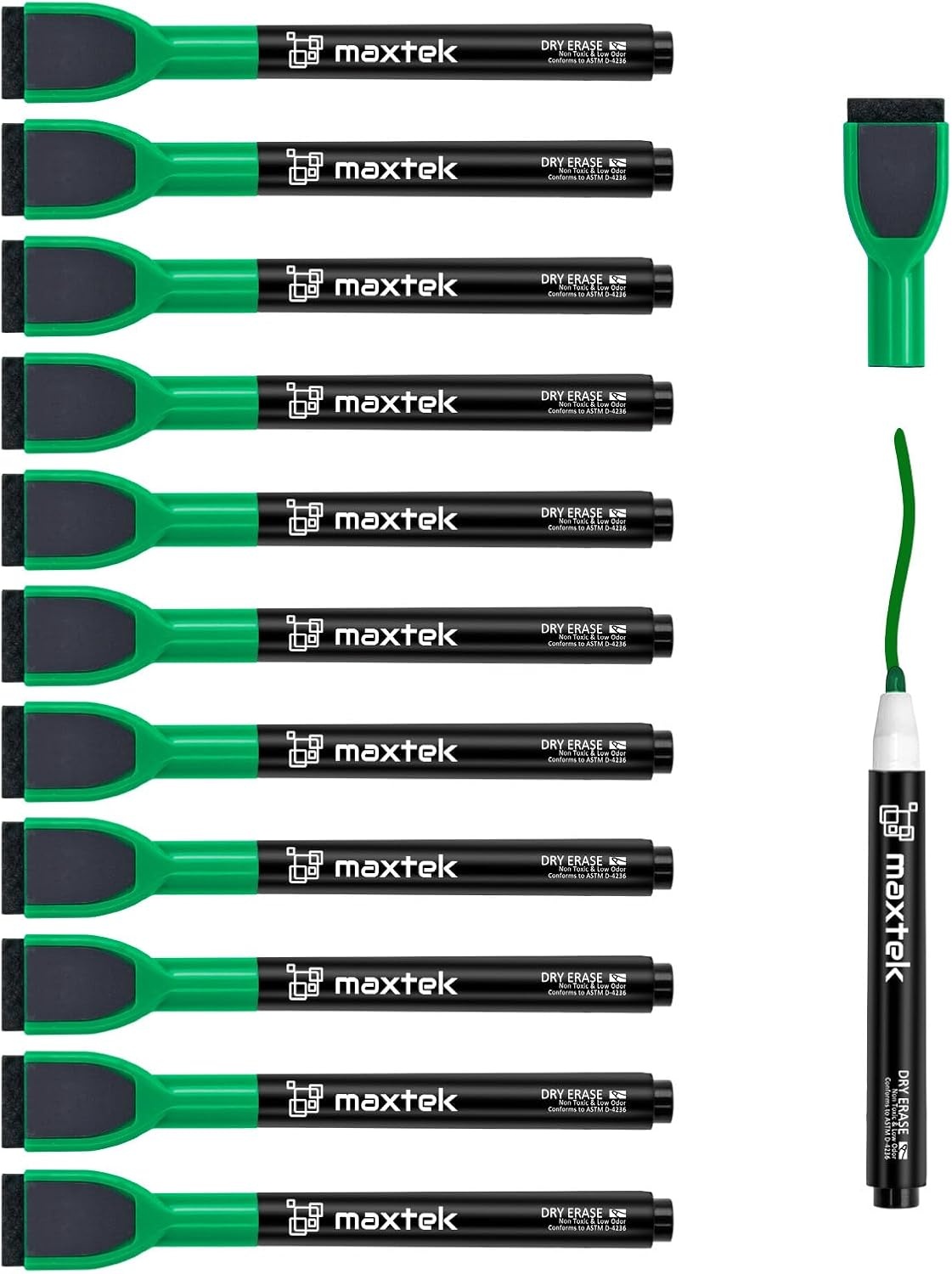 image:imagemaxtek Magnetic Black Dry Erase Markers 12 Count Fine Tip Whiteboard Markers with Eraser Thin Markers Low Odor for Classroom Office HomeGreen