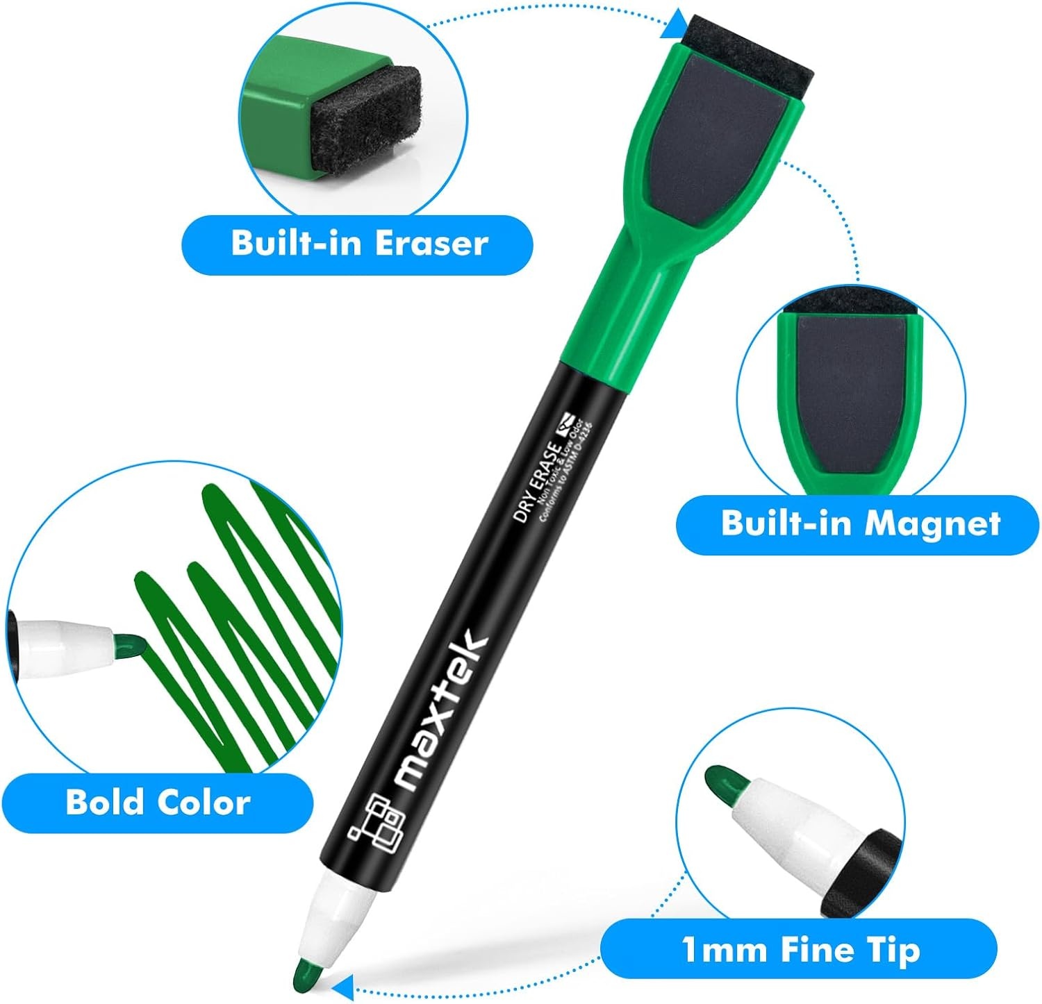 image:imagemaxtek Magnetic Black Dry Erase Markers 12 Count Fine Tip Whiteboard Markers with Eraser Thin Markers Low Odor for Classroom Office HomeGreen