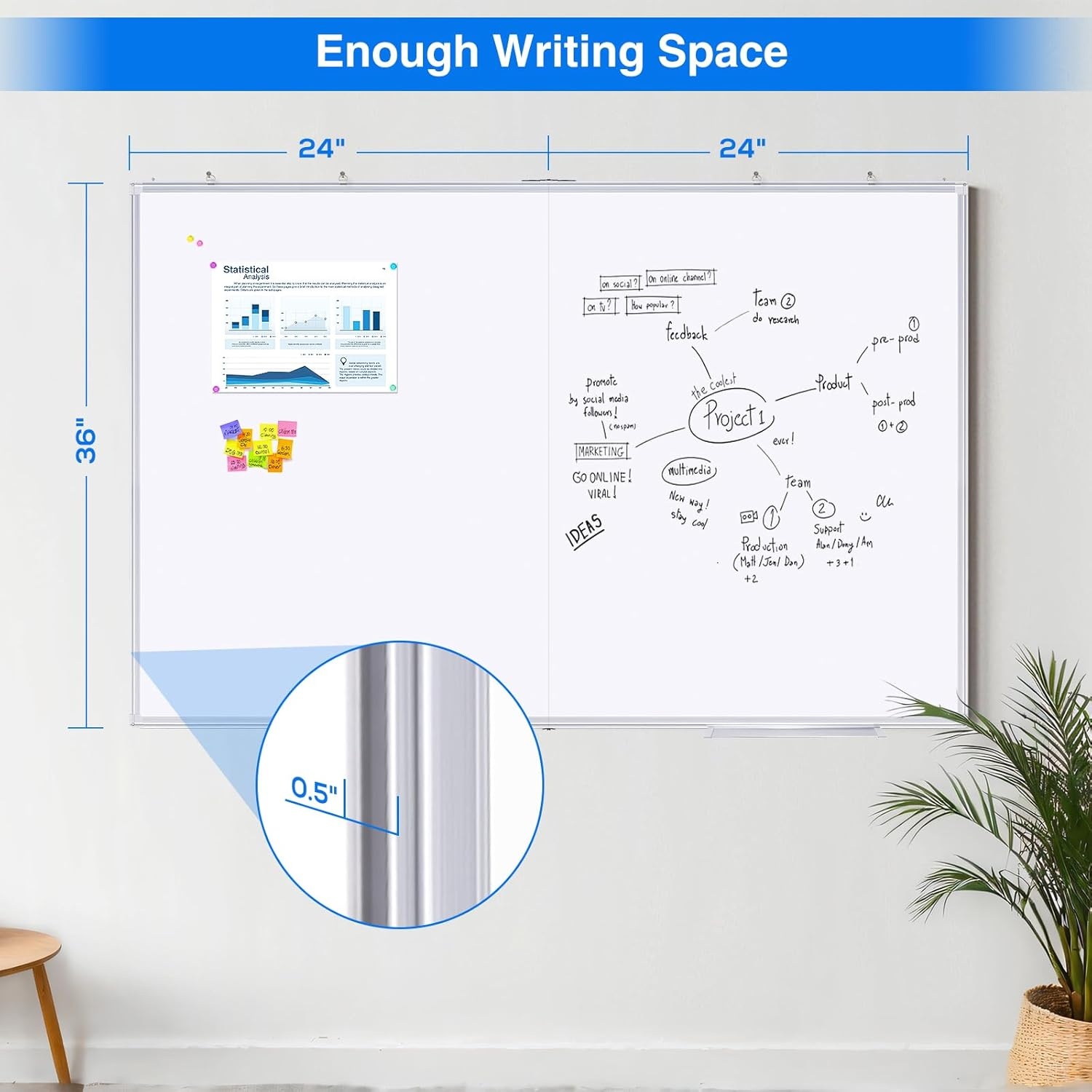 image:imageMagnetic White Board Dry Erase Board for Wall72 x 48 6ft x 4ft WallMounted Aluminum Frame Marker Board Foldable Portable Whiteboard with a Long Pen Tray for School Classroom Office amp Home48W x 36H