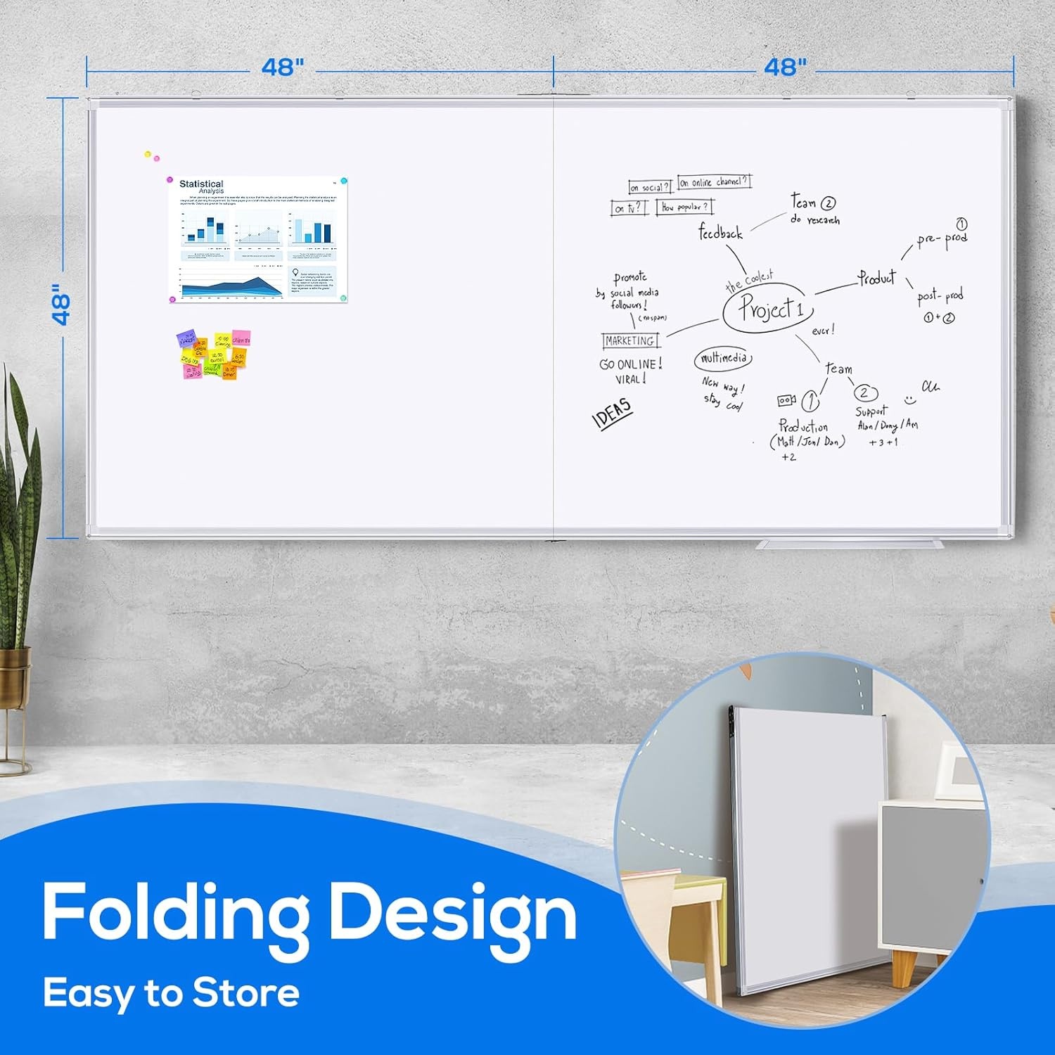 image:imageMagnetic White Board Dry Erase Board for Wall72 x 48 6ft x 4ft WallMounted Aluminum Frame Marker Board Foldable Portable Whiteboard with a Long Pen Tray for School Classroom Office amp Home96W x 48H