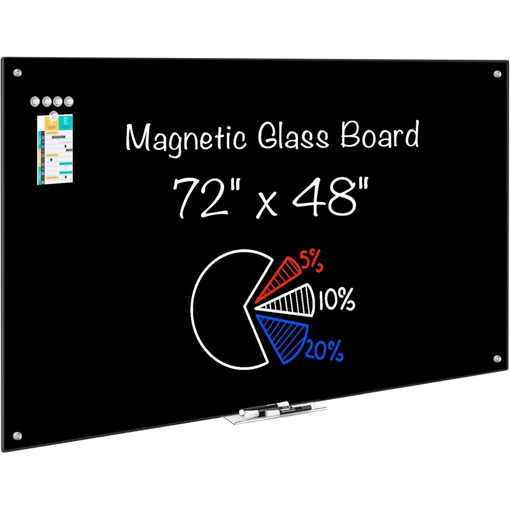 image:imagemaxtek Magnetic Glass Dry Erase White Board 48 x 32 Black Glass Board for Wall Mounted Includes 6 Magnets with Marker Tray 3 Markers and 1 Eraser for Classroom Home Office Supplies72W x 48H
