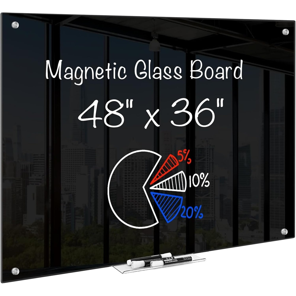image:imagemaxtek Magnetic Glass Dry Erase White Board 48 x 32 Black Glass Board for Wall Mounted Includes 6 Magnets with Marker Tray 3 Markers and 1 Eraser for Classroom Home Office Supplies48W x 36H