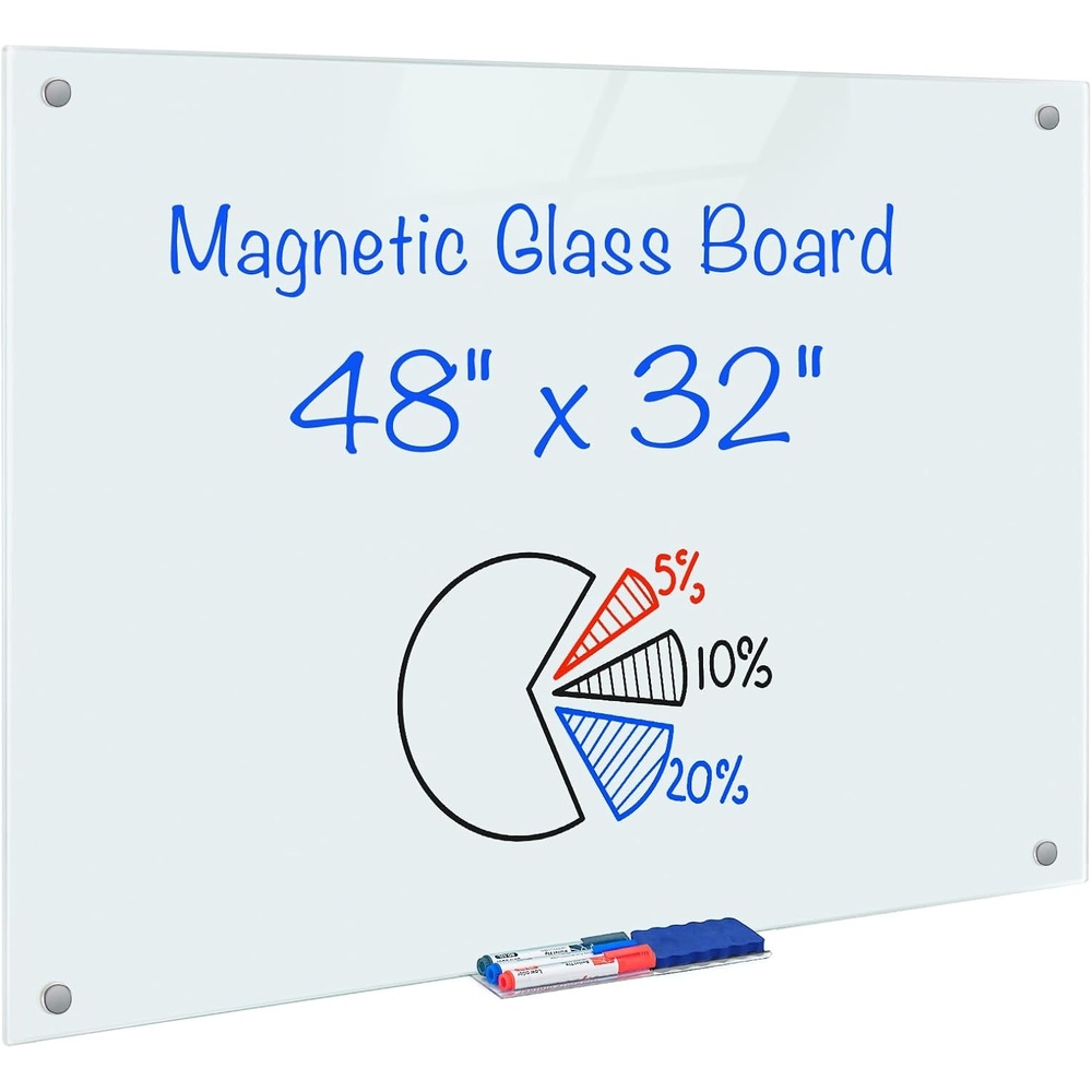 image:imagemaxtek Magnetic Glass Dry Erase White Board 48 x 36 Frameless Glass Board for Wall Mounted Includes 5 Magnets 3 Markers and 1 Eraser for Classroom Home Office Supplies White48 x 32