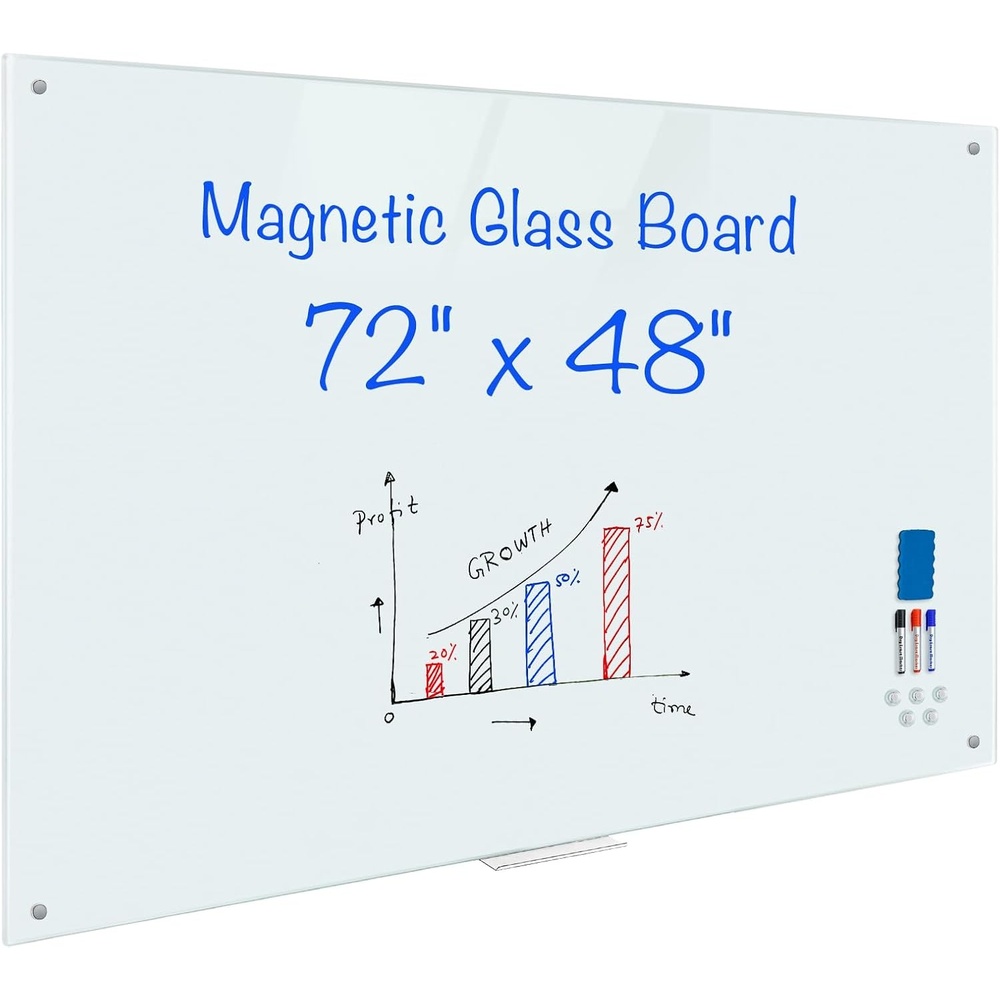 image:imagemaxtek Magnetic Glass Dry Erase White Board 48 x 36 Frameless Glass Board for Wall Mounted Includes 5 Magnets 3 Markers and 1 Eraser for Classroom Home Office Supplies White72 x 48