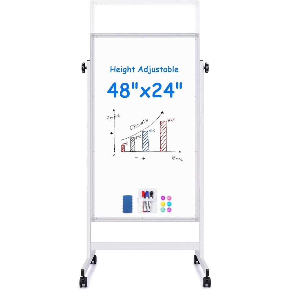 image:imagemaxtek Rolling White Board 44x28 Inches Magnetic Cork Board Combo Portable DoubleSided Dry Erase Board on Wheels Height Adjutable Easel Board for Home School Office24X48 in Silver
