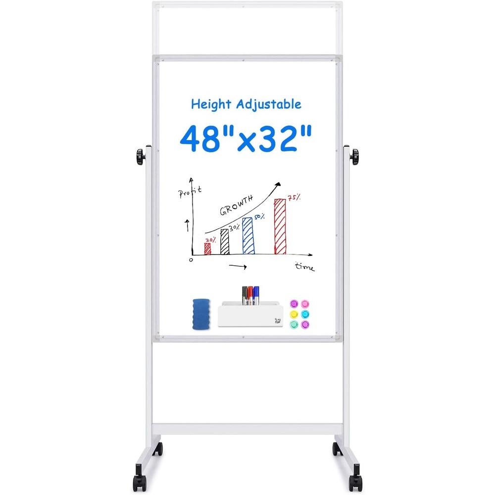 image:imagemaxtek Rolling White Board 44x28 Inches Magnetic Cork Board Combo Portable DoubleSided Dry Erase Board on Wheels Height Adjutable Easel Board for Home School Office48x32 in Silver