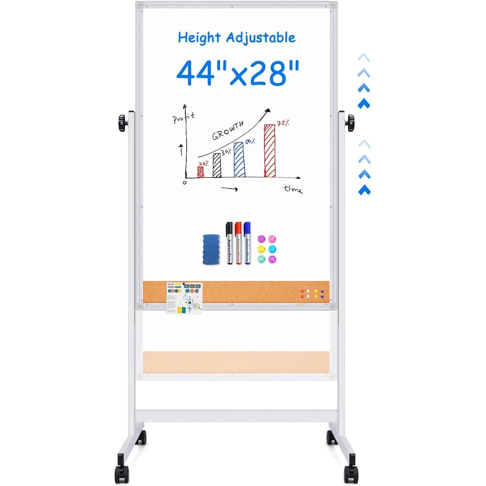 image:imagemaxtek Rolling White Board 44x28 Inches Magnetic Cork Board Combo Portable DoubleSided Dry Erase Board on Wheels Height Adjutable Easel Board for Home School Office44x28 in SilverCork