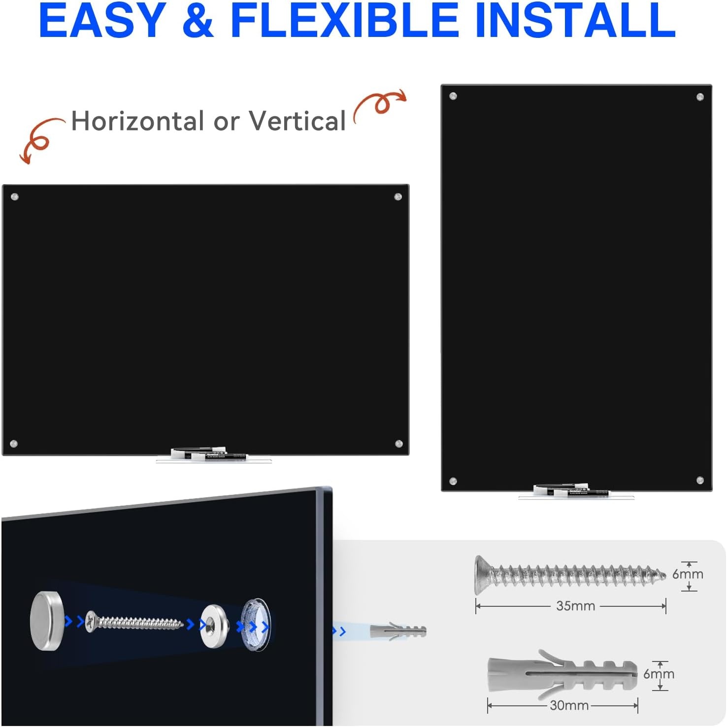 image:imagemaxtek Magnetic Glass Dry Erase White Board 48 x 32 Black Glass Board for Wall Mounted Includes 6 Magnets with Marker Tray 3 Markers and 1 Eraser for Classroom Home Office Supplies48W x 32H
