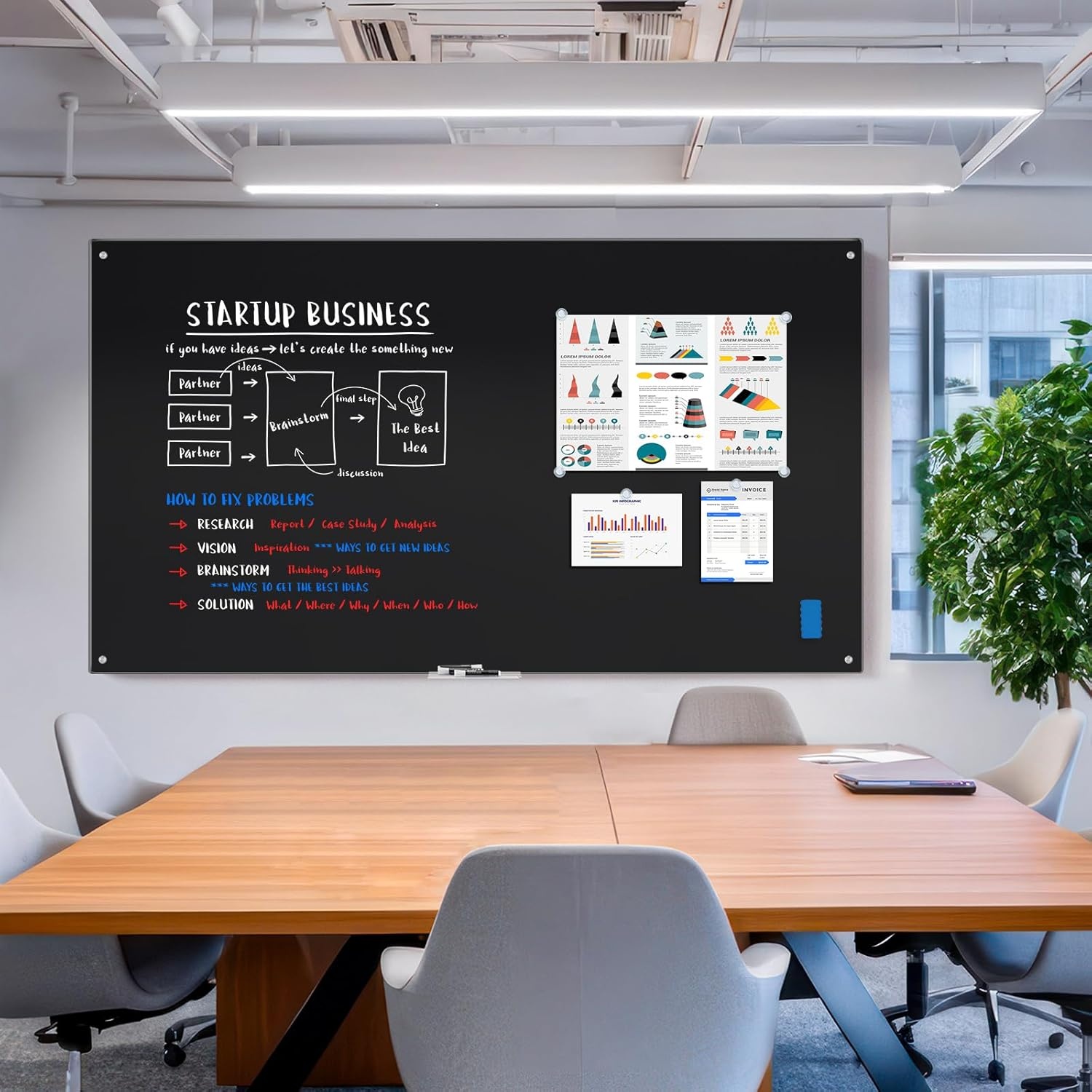 image:imagemaxtek Magnetic Glass Dry Erase White Board 48 x 32 Black Glass Board for Wall Mounted Includes 6 Magnets with Marker Tray 3 Markers and 1 Eraser for Classroom Home Office Supplies72W x 48H