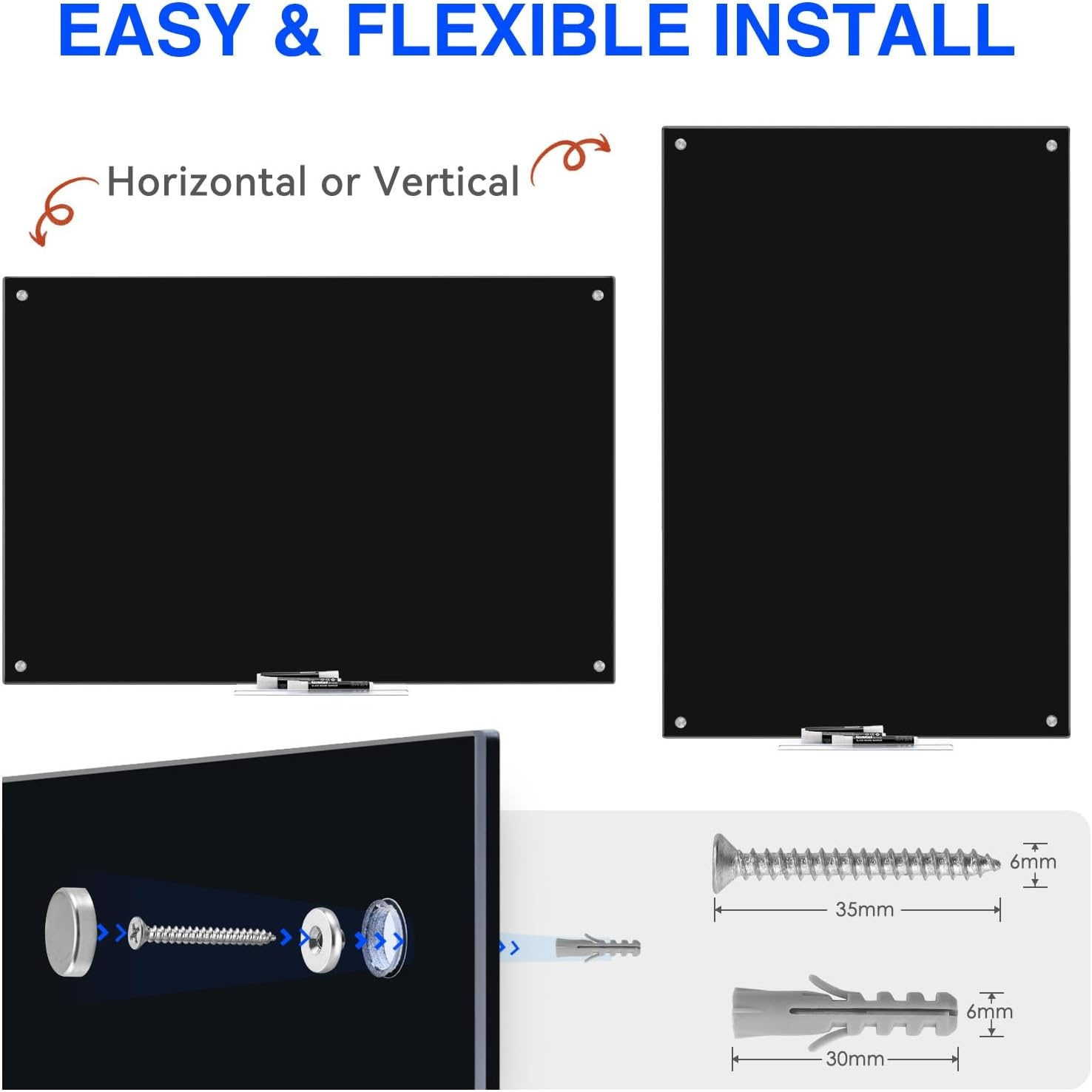 image:imagemaxtek Magnetic Glass Dry Erase White Board 48 x 32 Black Glass Board for Wall Mounted Includes 6 Magnets with Marker Tray 3 Markers and 1 Eraser for Classroom Home Office Supplies36W x 24H