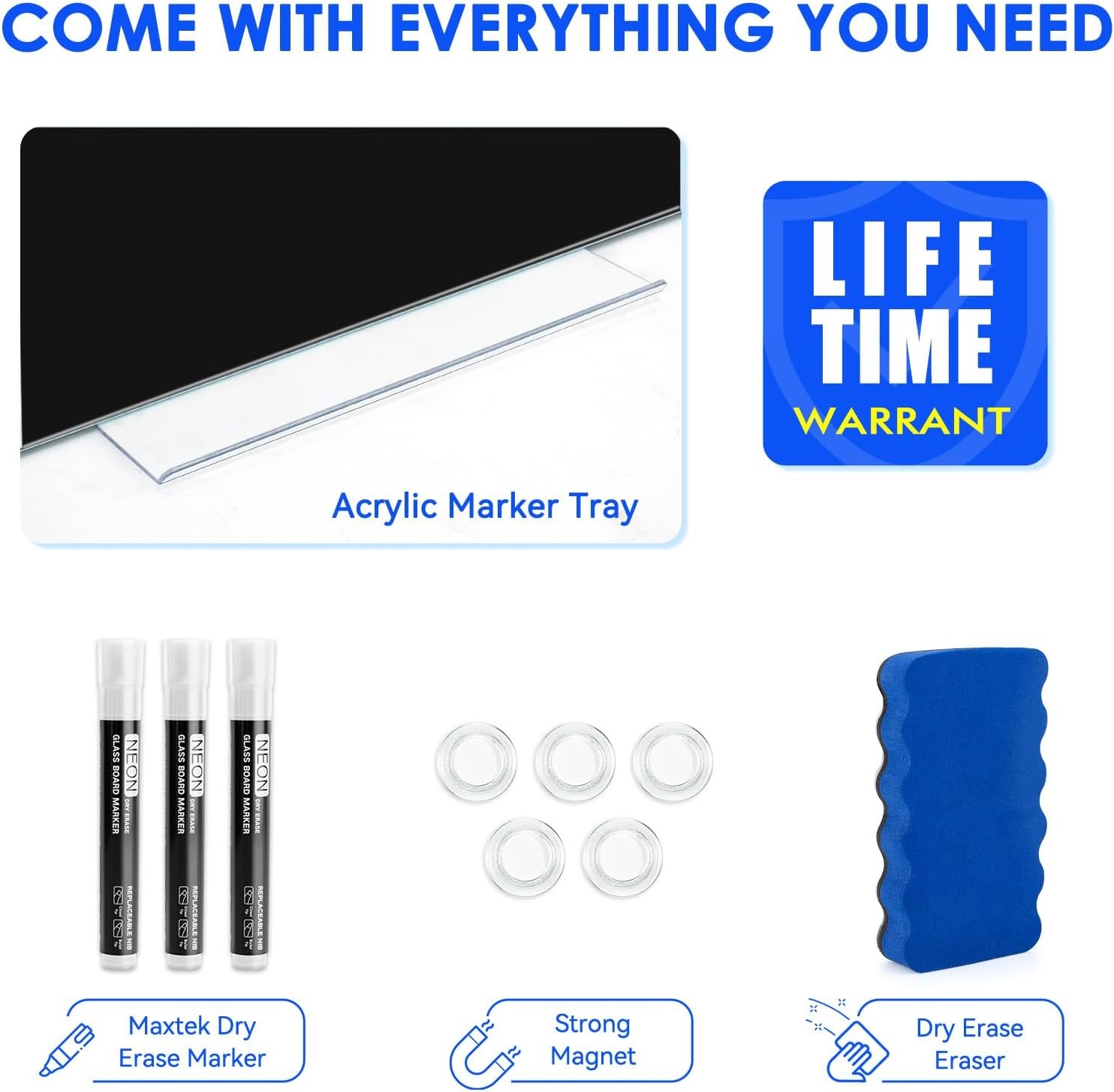 image:imagemaxtek Magnetic Glass Dry Erase White Board 48 x 32 Black Glass Board for Wall Mounted Includes 6 Magnets with Marker Tray 3 Markers and 1 Eraser for Classroom Home Office Supplies36W x 24H