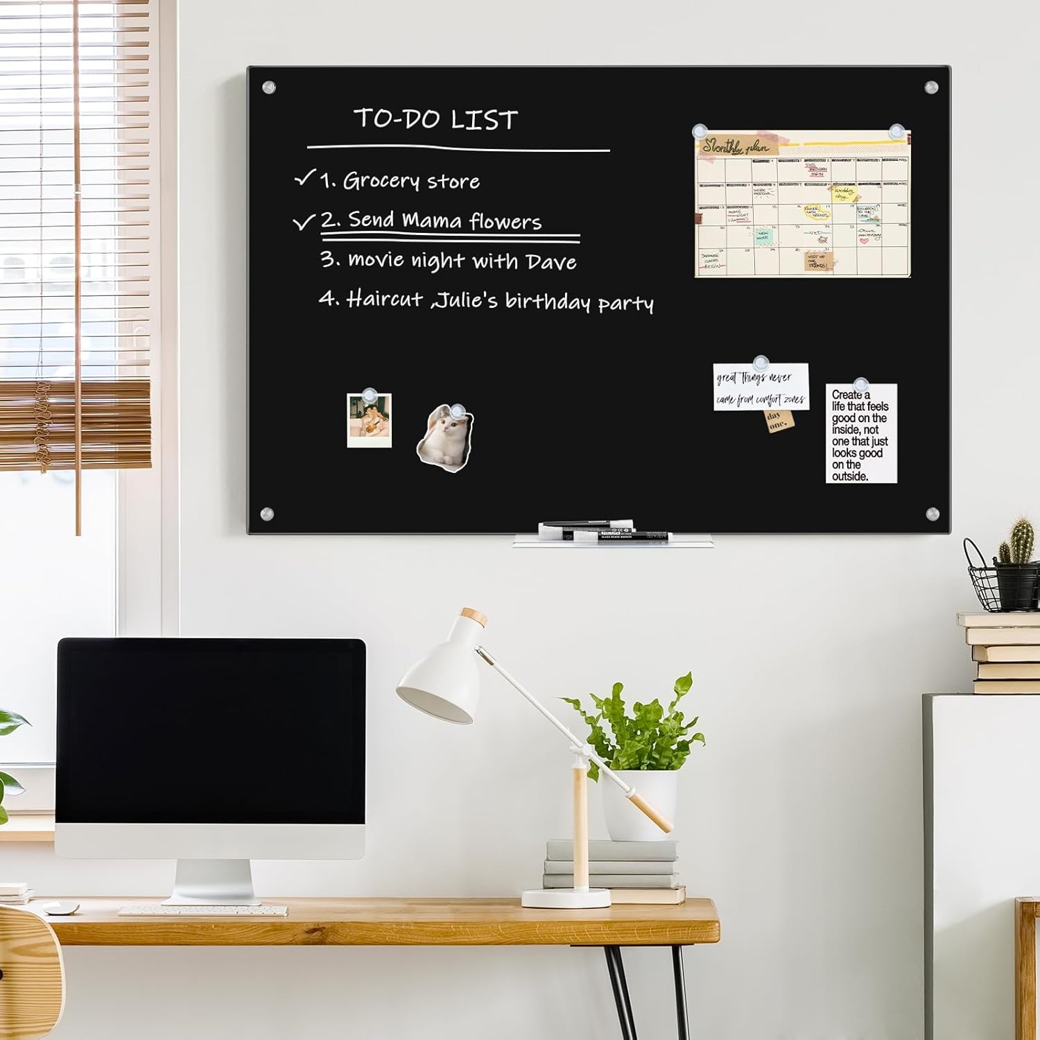 image:imagemaxtek Magnetic Glass Dry Erase White Board 48 x 32 Black Glass Board for Wall Mounted Includes 6 Magnets with Marker Tray 3 Markers and 1 Eraser for Classroom Home Office Supplies48W x 36H