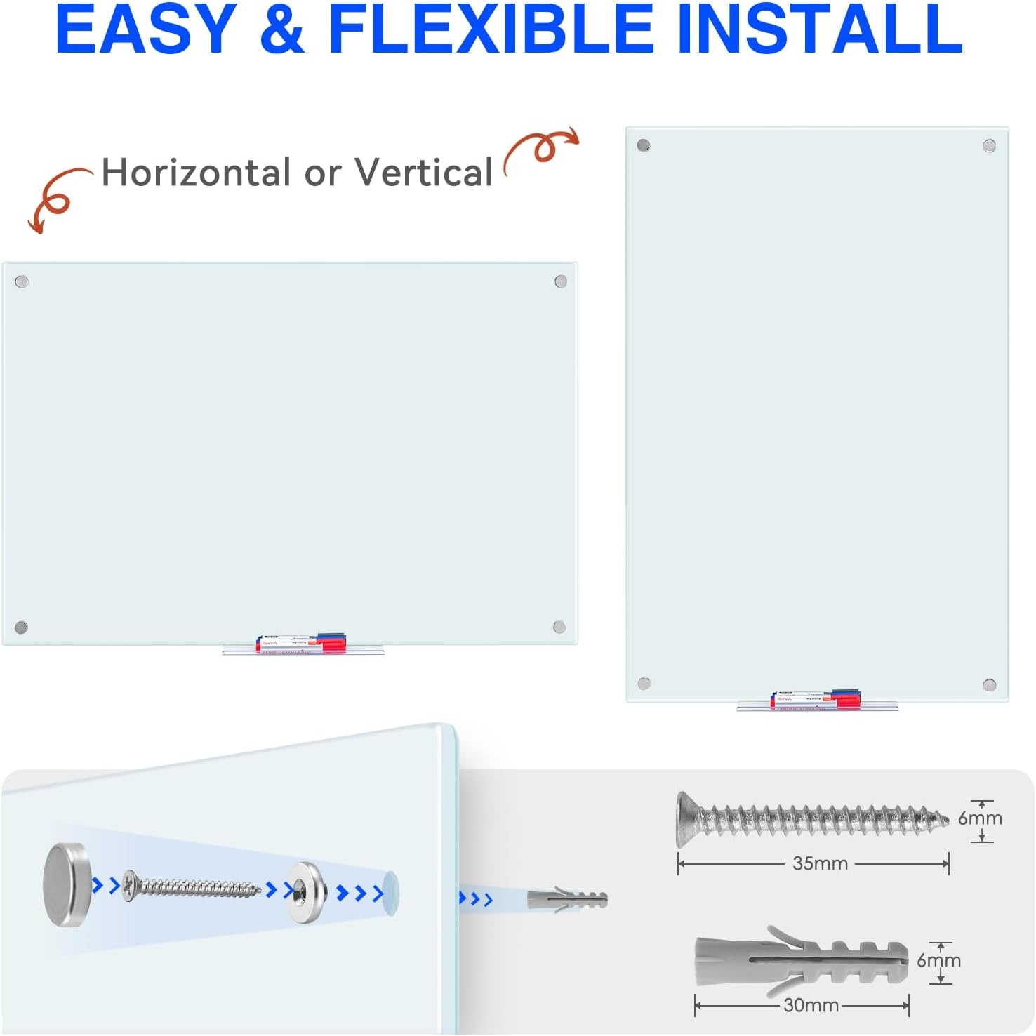 image:imagemaxtek Magnetic Glass Dry Erase White Board 48 x 36 Frameless Glass Board for Wall Mounted Includes 5 Magnets 3 Markers and 1 Eraser for Classroom Home Office Supplies White48 x 32
