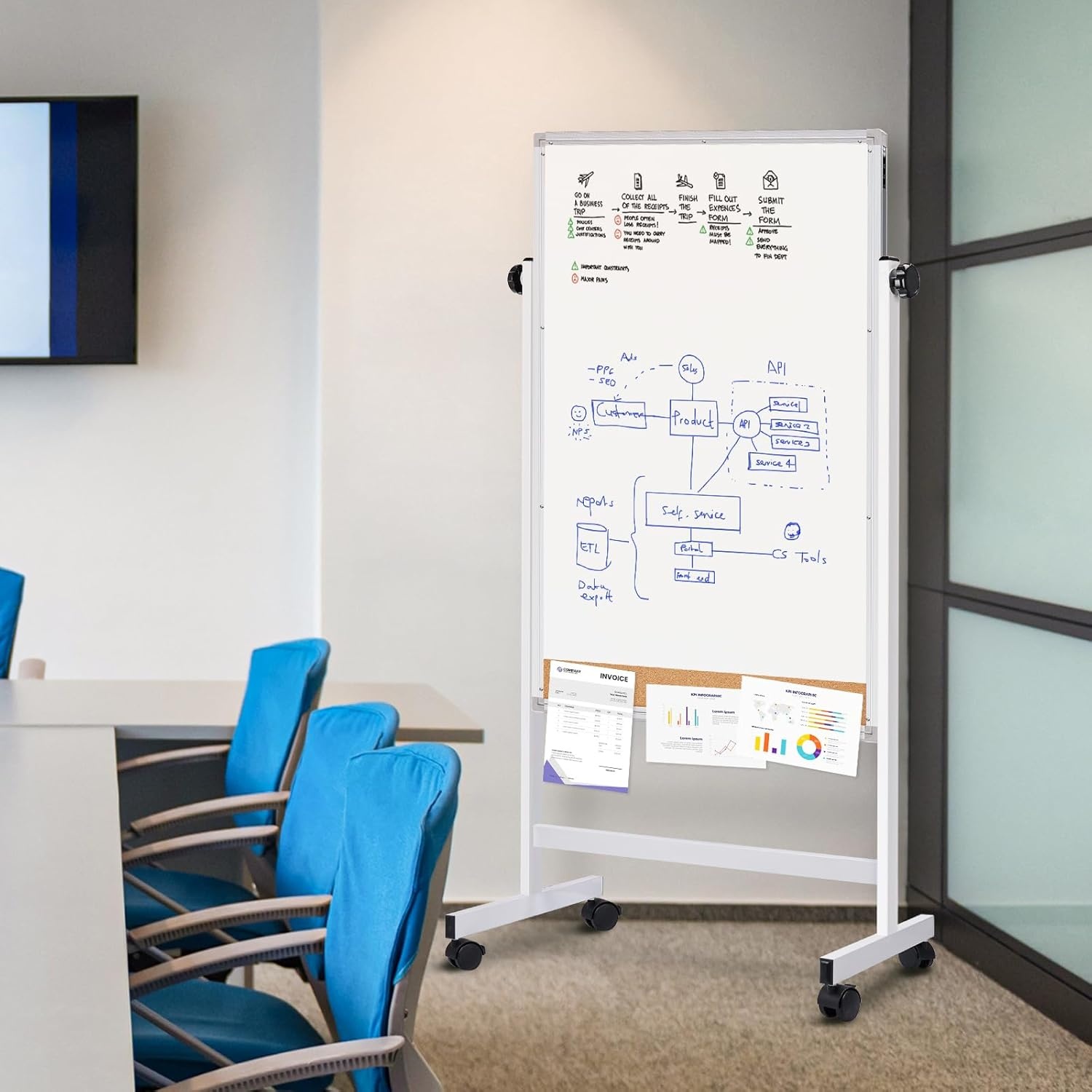 image:imagemaxtek Rolling White Board 44x28 Inches Magnetic Cork Board Combo Portable DoubleSided Dry Erase Board on Wheels Height Adjutable Easel Board for Home School Office44x28 in SilverCork