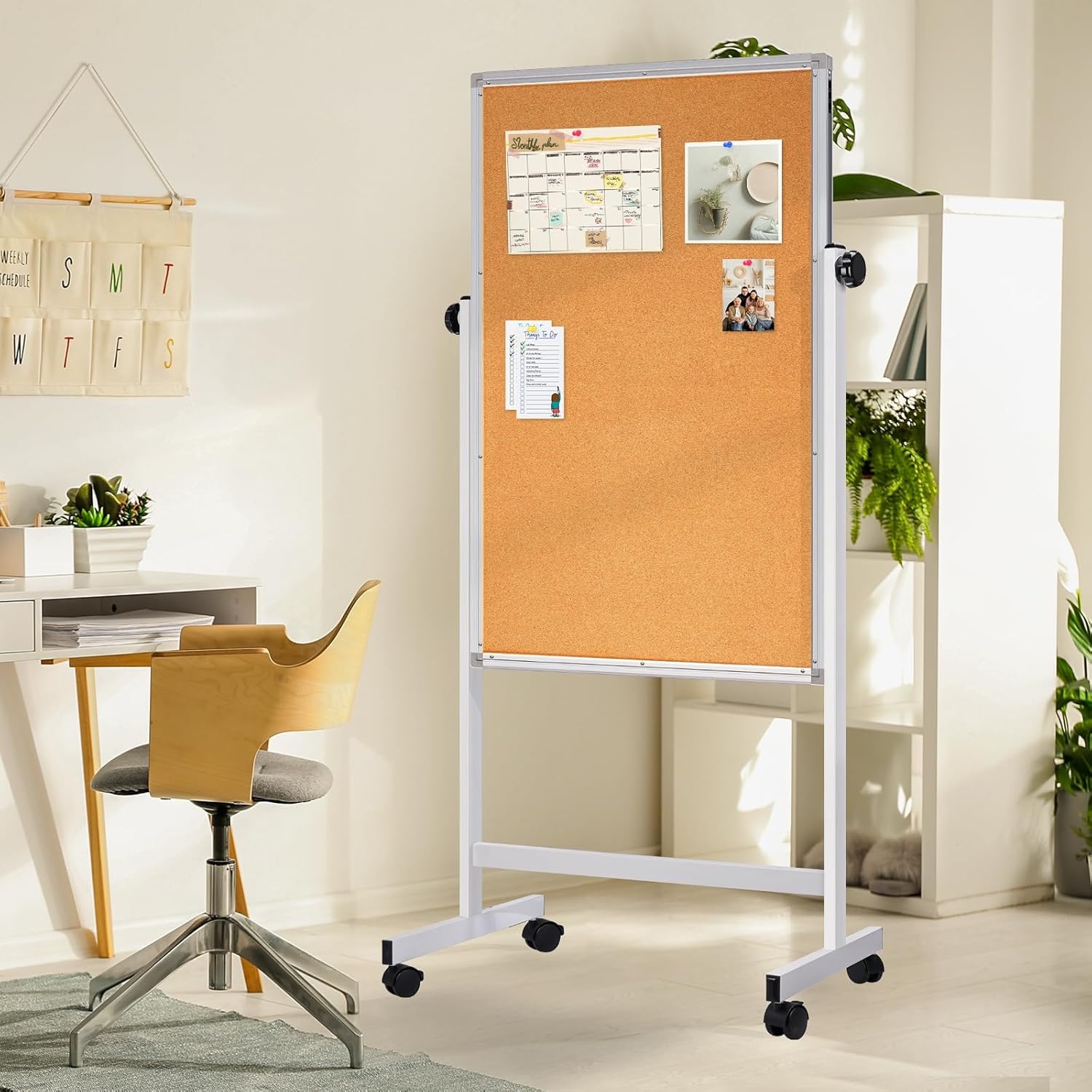 image:imagemaxtek Rolling White Board 44x28 Inches Magnetic Cork Board Combo Portable DoubleSided Dry Erase Board on Wheels Height Adjutable Easel Board for Home School Office48x32 in SilverCork