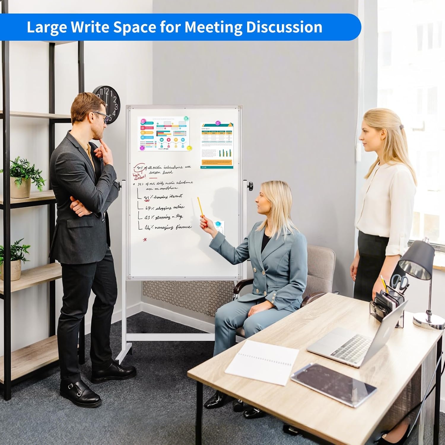 image:imagemaxtek Rolling White Board 44x28 Inches Magnetic Cork Board Combo Portable DoubleSided Dry Erase Board on Wheels Height Adjutable Easel Board for Home School Office48x32 in SilverCork