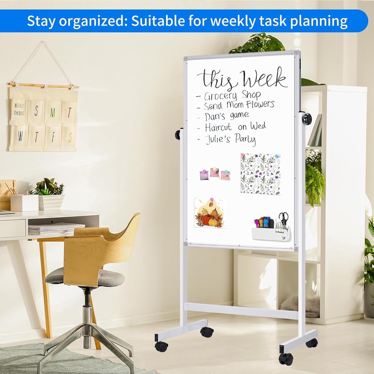 image:imagemaxtek Rolling White Board 44x28 Inches Magnetic Cork Board Combo Portable DoubleSided Dry Erase Board on Wheels Height Adjutable Easel Board for Home School Office48x32 in Silver