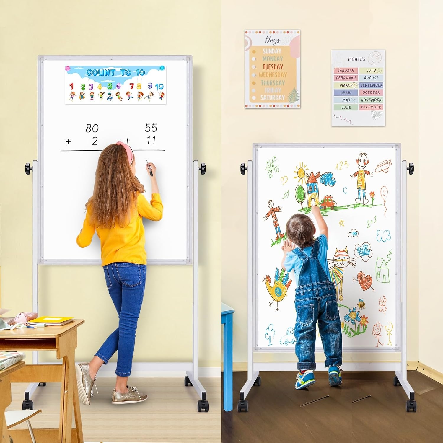 image:imagemaxtek Rolling White Board 44x28 Inches Magnetic Cork Board Combo Portable DoubleSided Dry Erase Board on Wheels Height Adjutable Easel Board for Home School Office44x28 in Silver