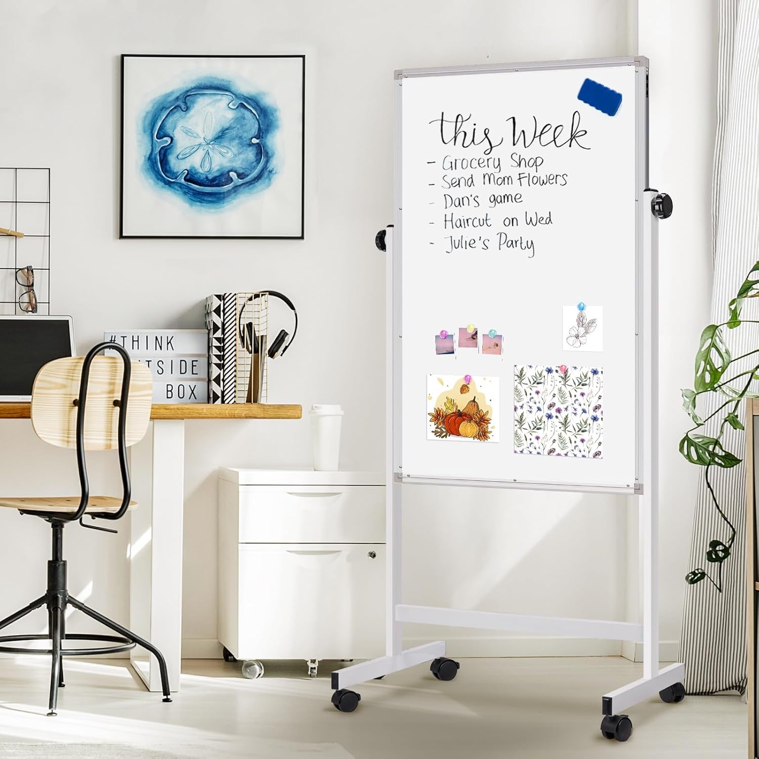 image:imagemaxtek Rolling White Board 44x28 Inches Magnetic Cork Board Combo Portable DoubleSided Dry Erase Board on Wheels Height Adjutable Easel Board for Home School Office44x28 in Silver