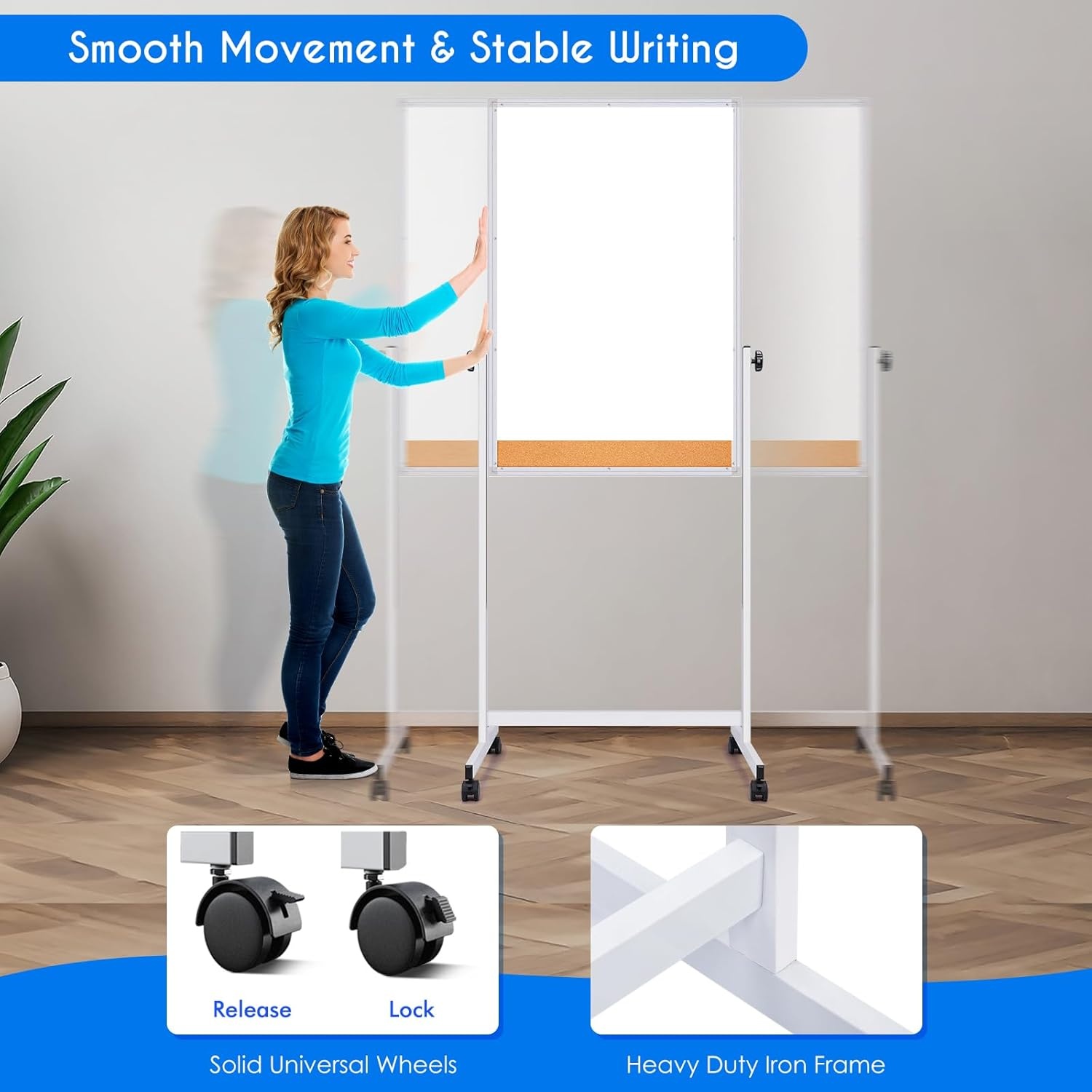 image:imagemaxtek Rolling White Board 44x28 Inches Magnetic Cork Board Combo Portable DoubleSided Dry Erase Board on Wheels Height Adjutable Easel Board for Home School Office44x28 in SilverCork