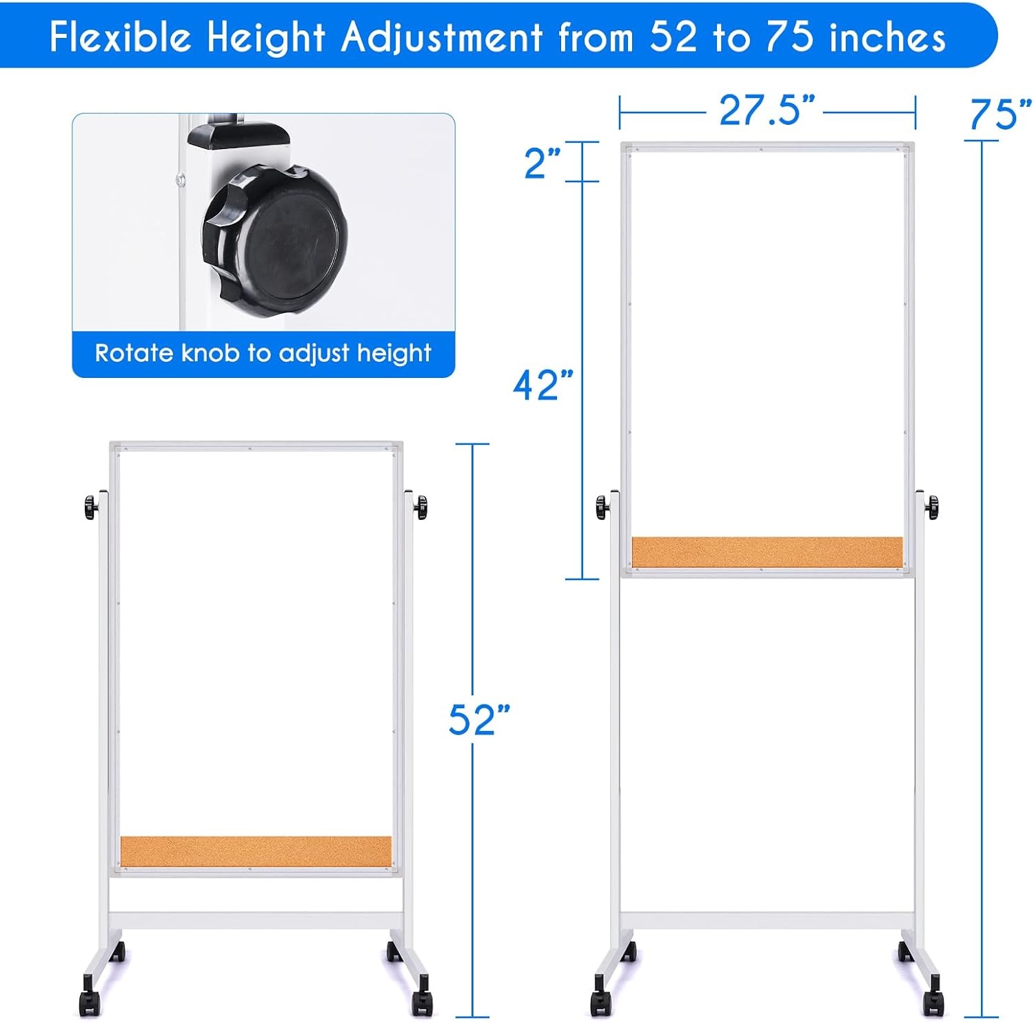 image:imagemaxtek Rolling White Board 44x28 Inches Magnetic Cork Board Combo Portable DoubleSided Dry Erase Board on Wheels Height Adjutable Easel Board for Home School Office44x28 in SilverCork