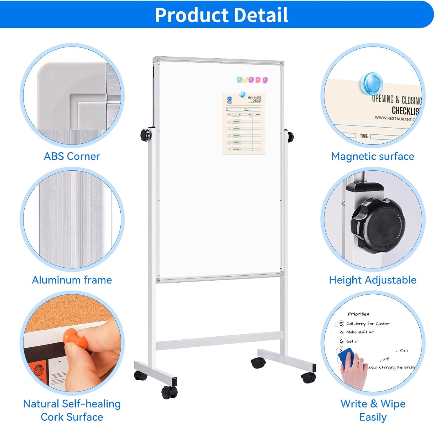 image:imagemaxtek Rolling White Board 44x28 Inches Magnetic Cork Board Combo Portable DoubleSided Dry Erase Board on Wheels Height Adjutable Easel Board for Home School Office48x32 in SilverCork