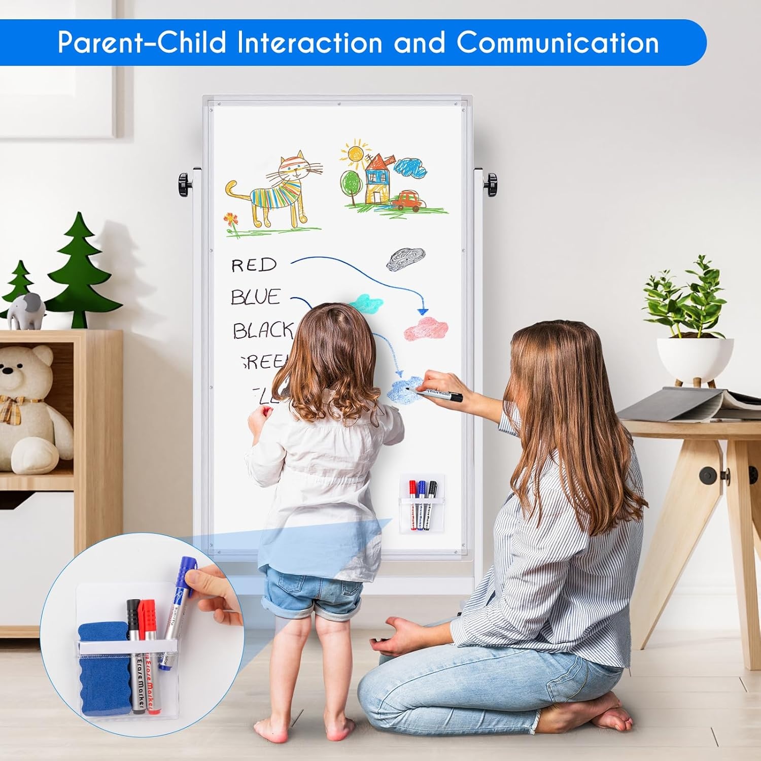 image:imagemaxtek Rolling White Board 44x28 Inches Magnetic Cork Board Combo Portable DoubleSided Dry Erase Board on Wheels Height Adjutable Easel Board for Home School Office24X48 in Silver