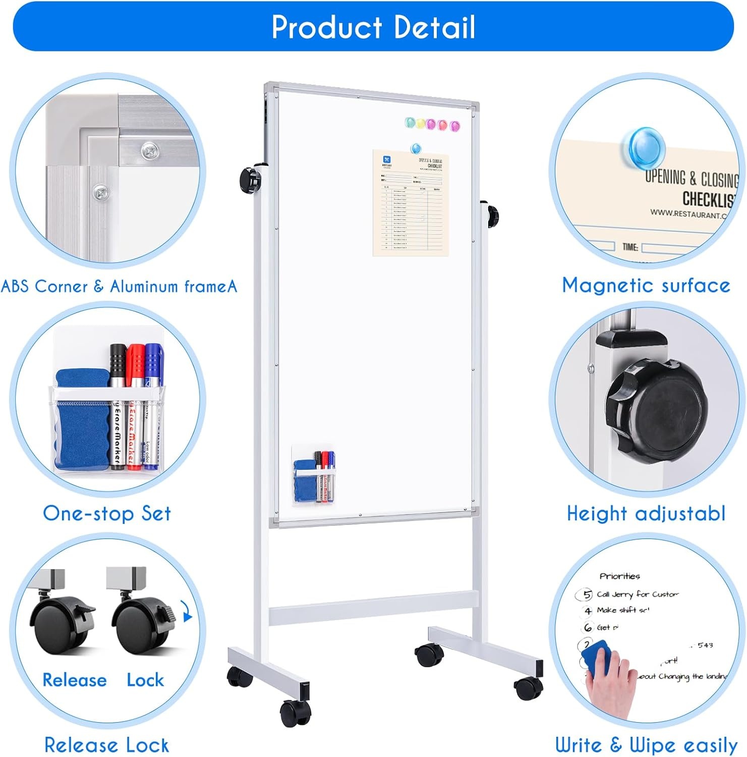 image:imagemaxtek Rolling White Board 44x28 Inches Magnetic Cork Board Combo Portable DoubleSided Dry Erase Board on Wheels Height Adjutable Easel Board for Home School Office24X48 in Silver