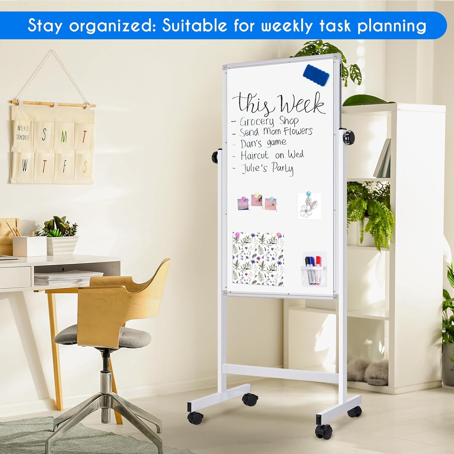 image:imagemaxtek Rolling White Board 44x28 Inches Magnetic Cork Board Combo Portable DoubleSided Dry Erase Board on Wheels Height Adjutable Easel Board for Home School Office24X48 in Silver