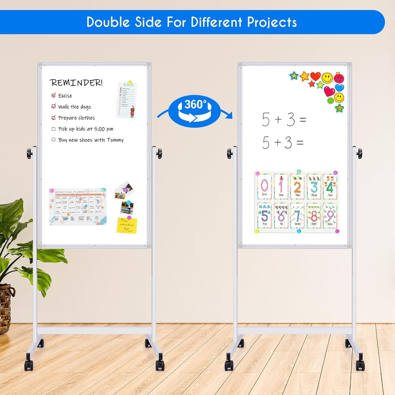 image:imagemaxtek Rolling White Board 44x28 Inches Magnetic Cork Board Combo Portable DoubleSided Dry Erase Board on Wheels Height Adjutable Easel Board for Home School Office24X48 in Silver
