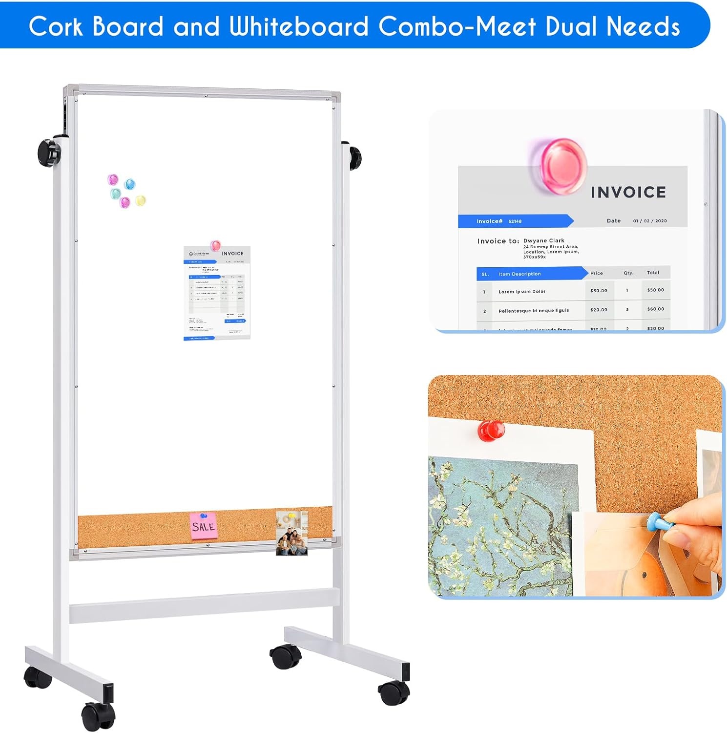 image:imagemaxtek Rolling White Board 44x28 Inches Magnetic Cork Board Combo Portable DoubleSided Dry Erase Board on Wheels Height Adjutable Easel Board for Home School Office44x28 in SilverCork