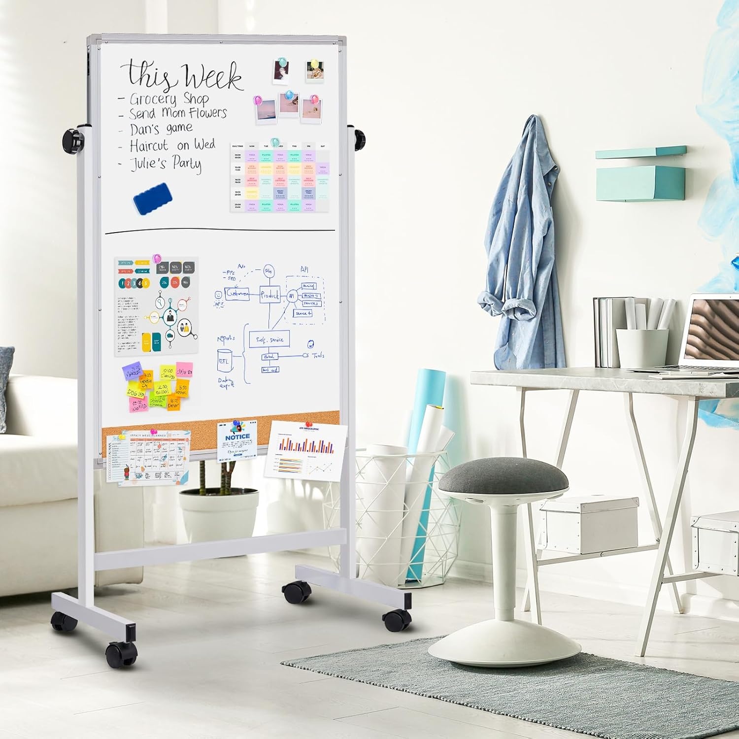 image:imagemaxtek Rolling White Board 44x28 Inches Magnetic Cork Board Combo Portable DoubleSided Dry Erase Board on Wheels Height Adjutable Easel Board for Home School Office44x28 in SilverCork