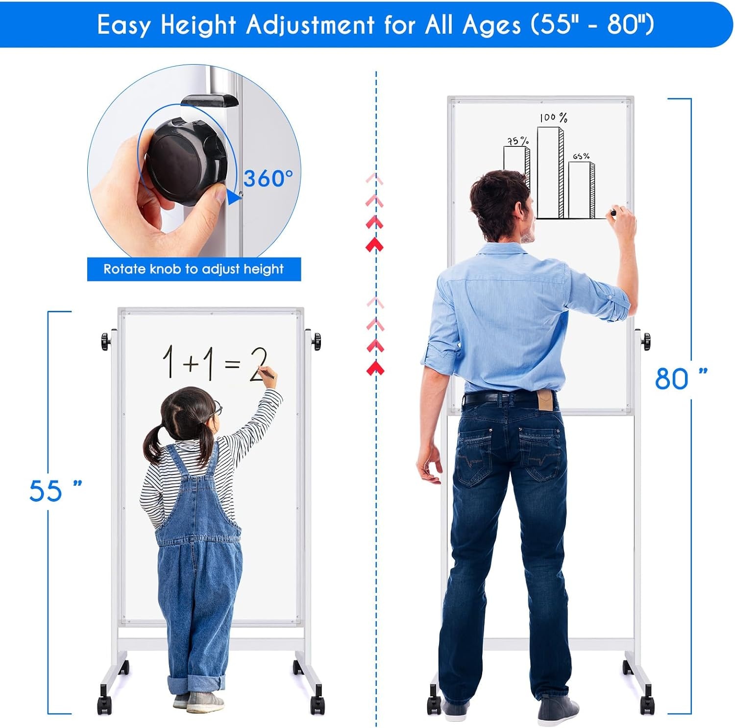 image:imagemaxtek Rolling White Board 44x28 Inches Magnetic Cork Board Combo Portable DoubleSided Dry Erase Board on Wheels Height Adjutable Easel Board for Home School Office24X48 in Silver