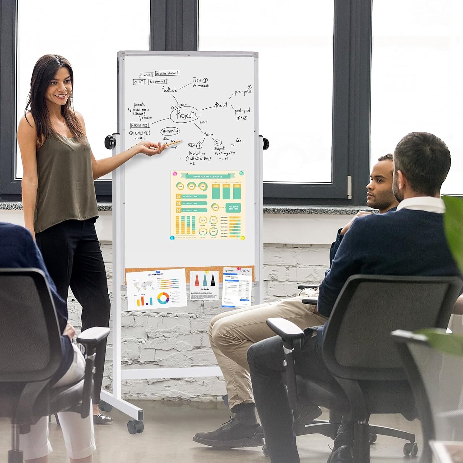 image:imagemaxtek Rolling White Board 44x28 Inches Magnetic Cork Board Combo Portable DoubleSided Dry Erase Board on Wheels Height Adjutable Easel Board for Home School Office44x28 in SilverCork