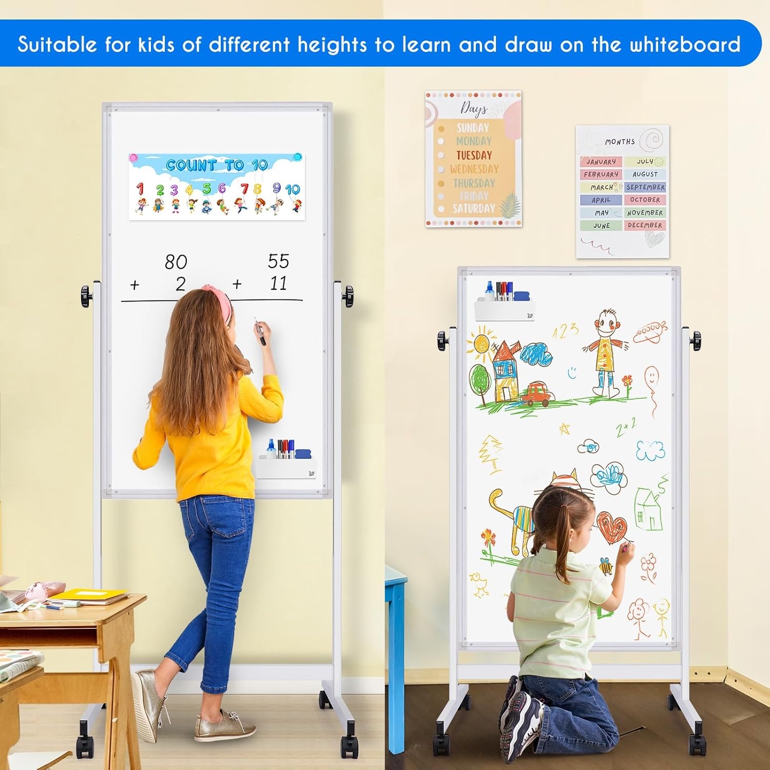 image:imagemaxtek Rolling White Board 44x28 Inches Magnetic Cork Board Combo Portable DoubleSided Dry Erase Board on Wheels Height Adjutable Easel Board for Home School Office48x32 in Silver
